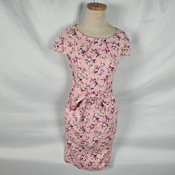 Rummies Dress Women's 6 Pink Floral Mini Short Cap Sleeve Tie Round Neck Zipper - Picture 1 of 16